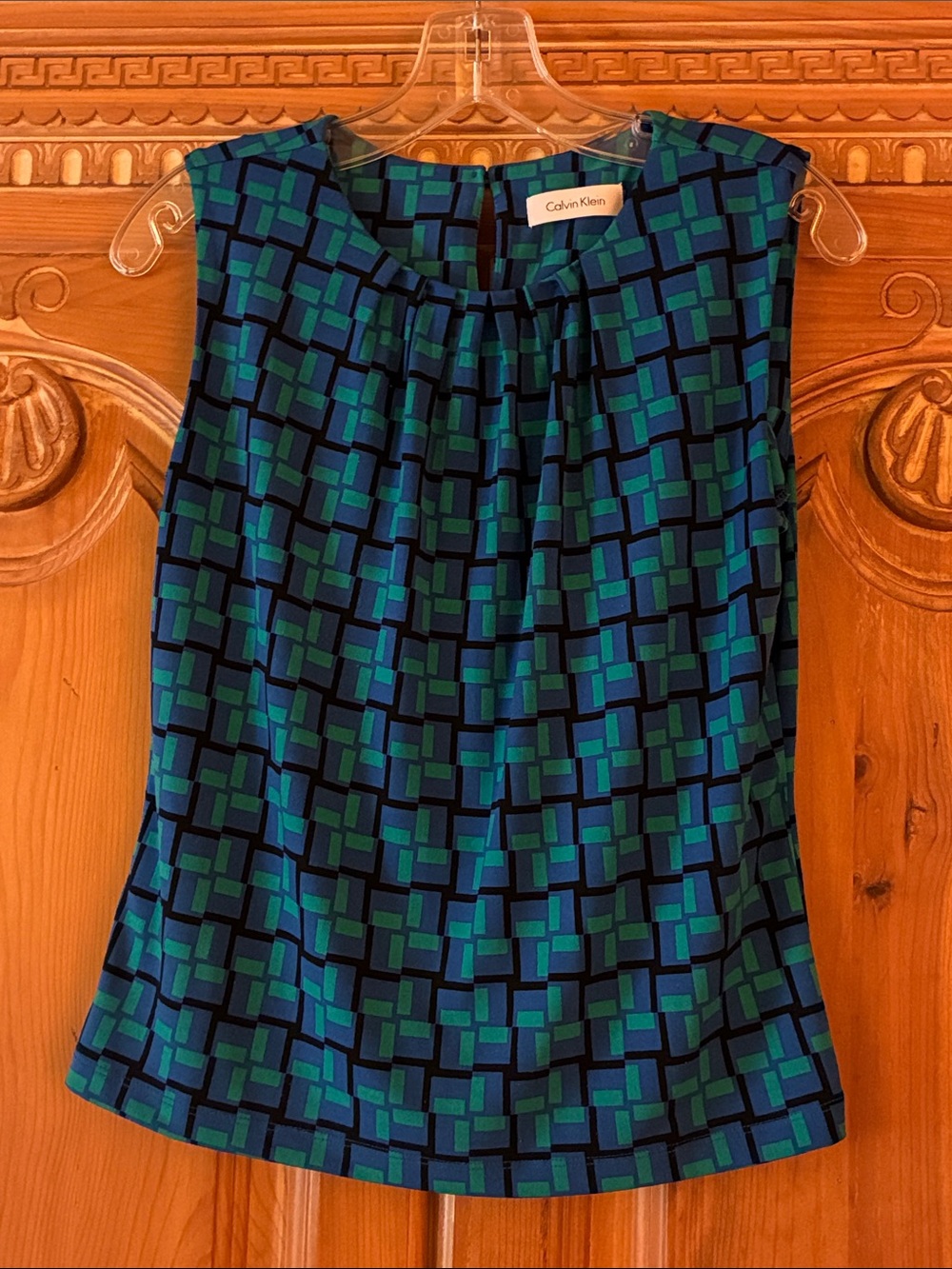 Calvin Klein Blue and Green Geometric Women's Shell Petite Small